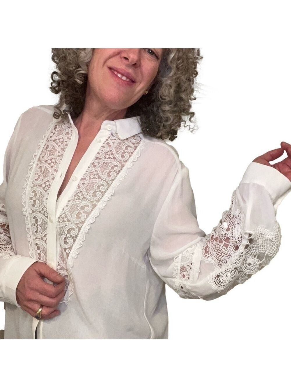 Carmen Gherardi White Semi Sheer Tunic Blouse or Coverup White Lace Crochet L